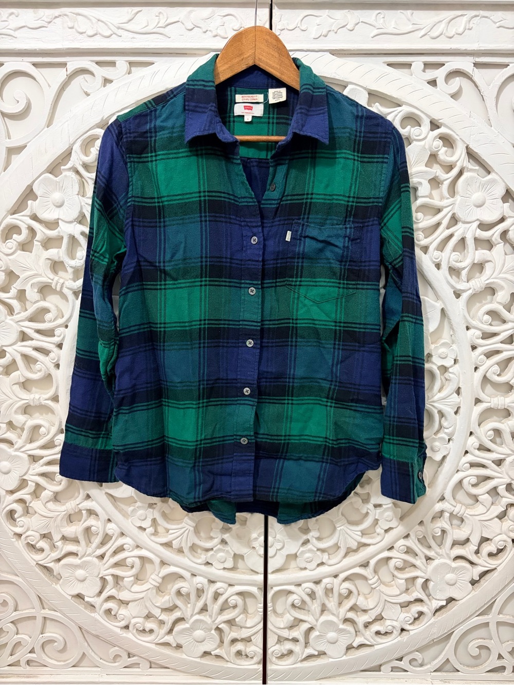 Levi’s Boyfriend Fit Plaid Flannel Shirt Green Navy Size S